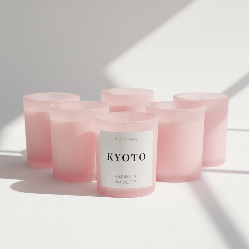 Świeca zapachowa KYOTO w różowym matowym szkle z etykietą ze współrzędnymi Maruyama Park